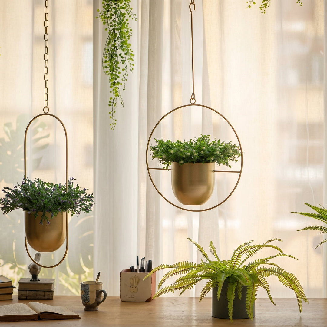 Hanging Plant Pot with Metal Frame - Plant Pot - Gold - Oaksoho