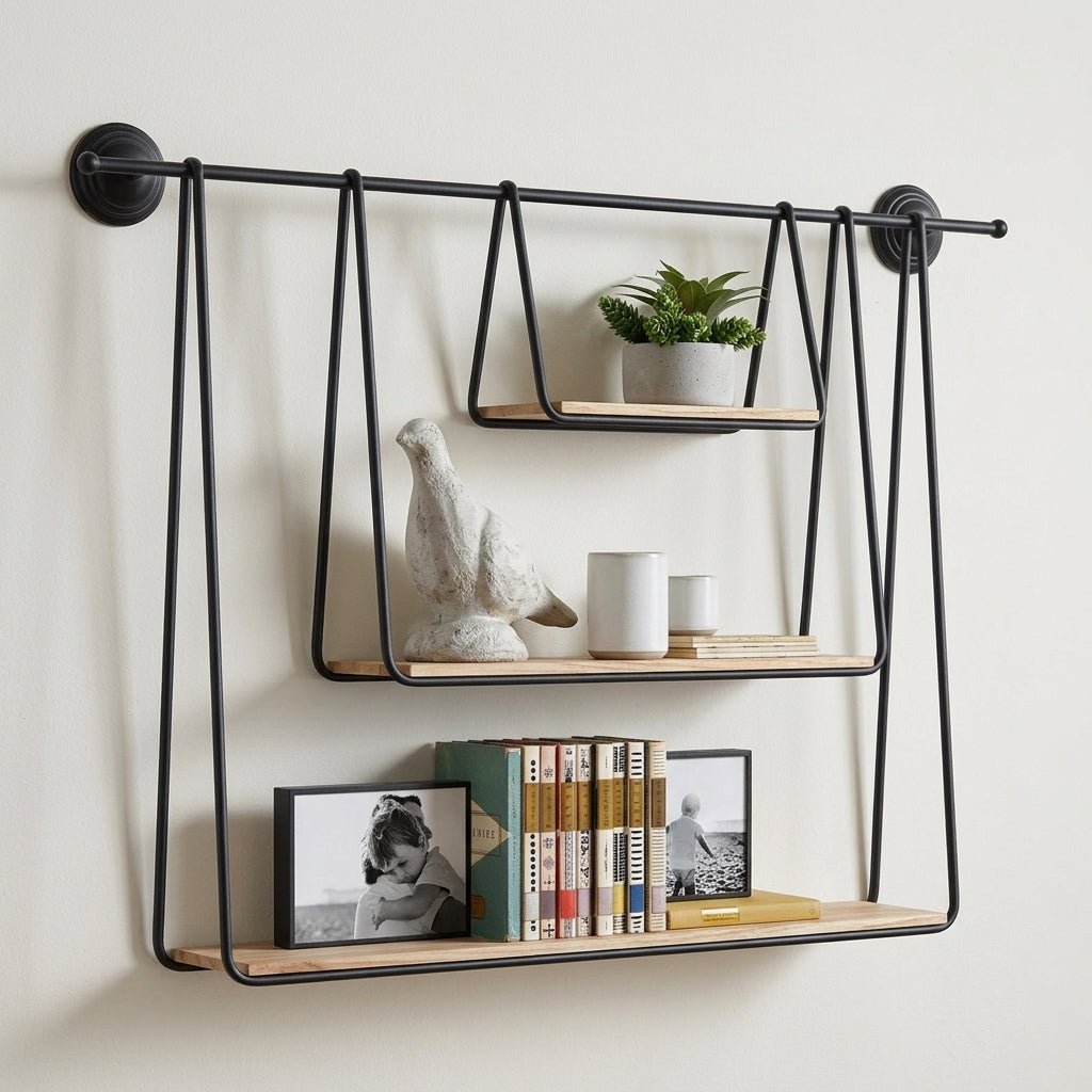 Hanging Wall Shelf Metal 3 Tier Wood Pipe Mounted Vintage Style - Rack Wall Shelves & Ledges - Oak Soho