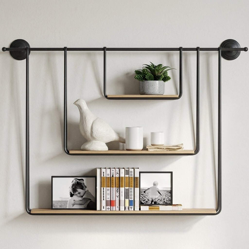 Hanging Wall Shelf Metal 3 Tier Wood Pipe Mounted Vintage Style - Rack Wall Shelves & Ledges - Oak Soho