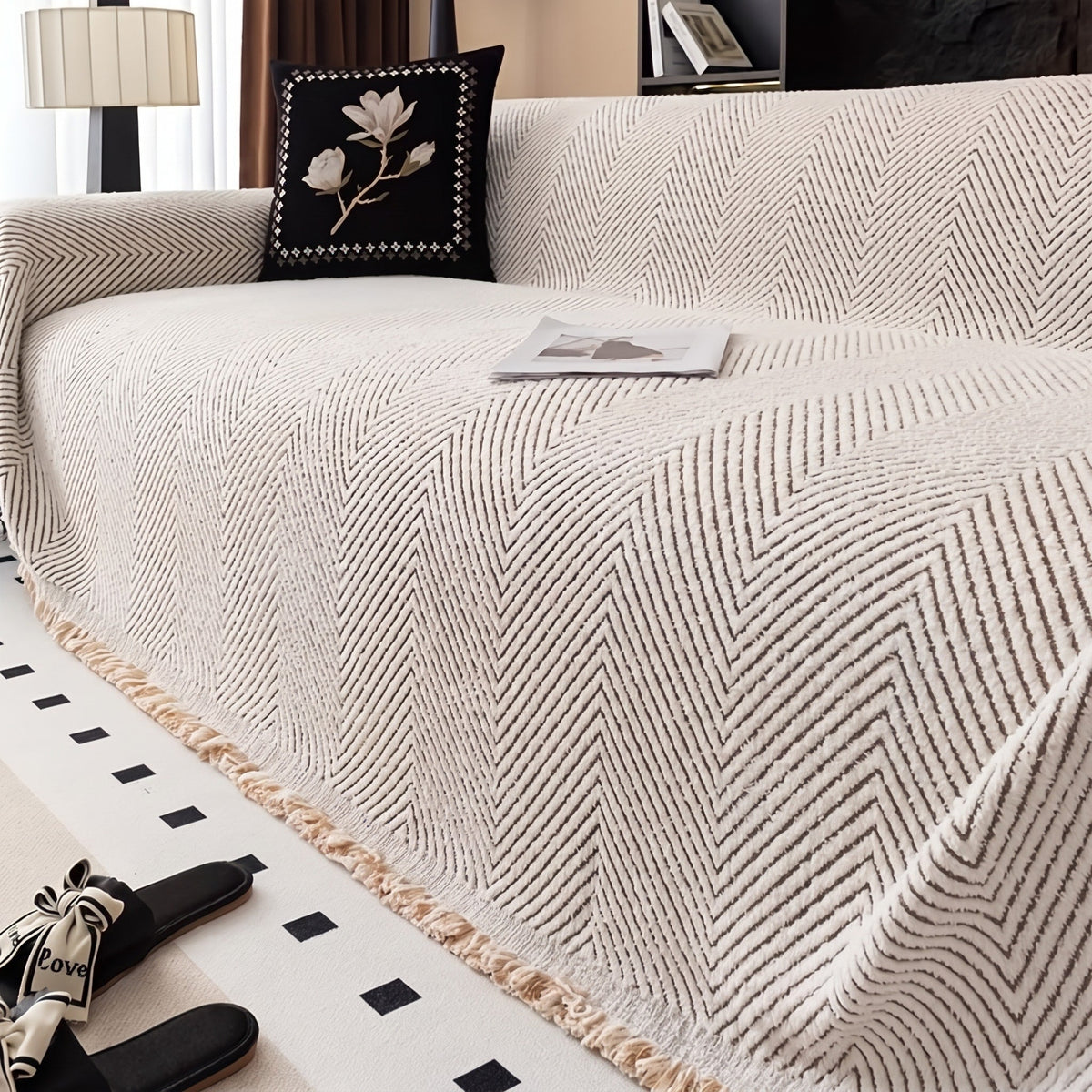 Herringbone Sofa Throw Cover for Living Room Furniture - Ivory - Oak Soho