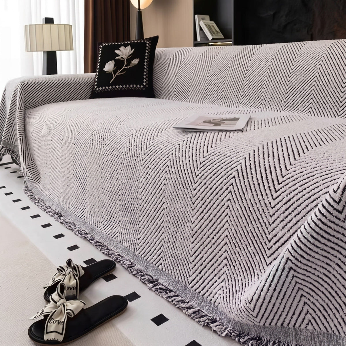 Herringbone Sofa Throw Cover for Living Room Furniture - Grey - Oak Soho