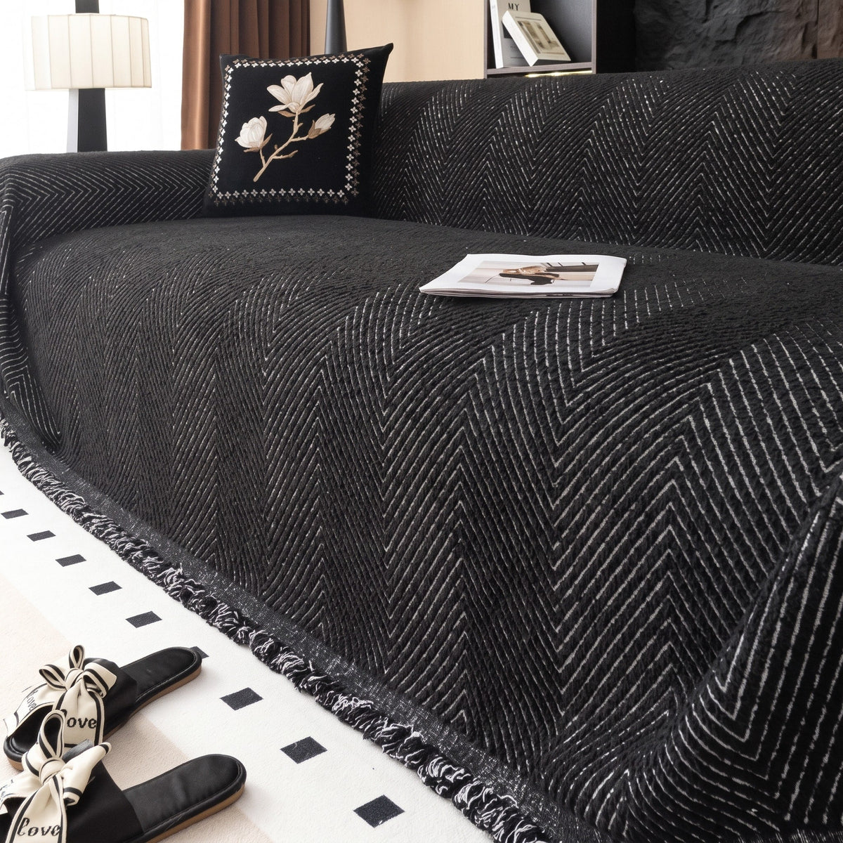 Herringbone Sofa Throw Cover for Living Room Furniture - Black - Oak Soho