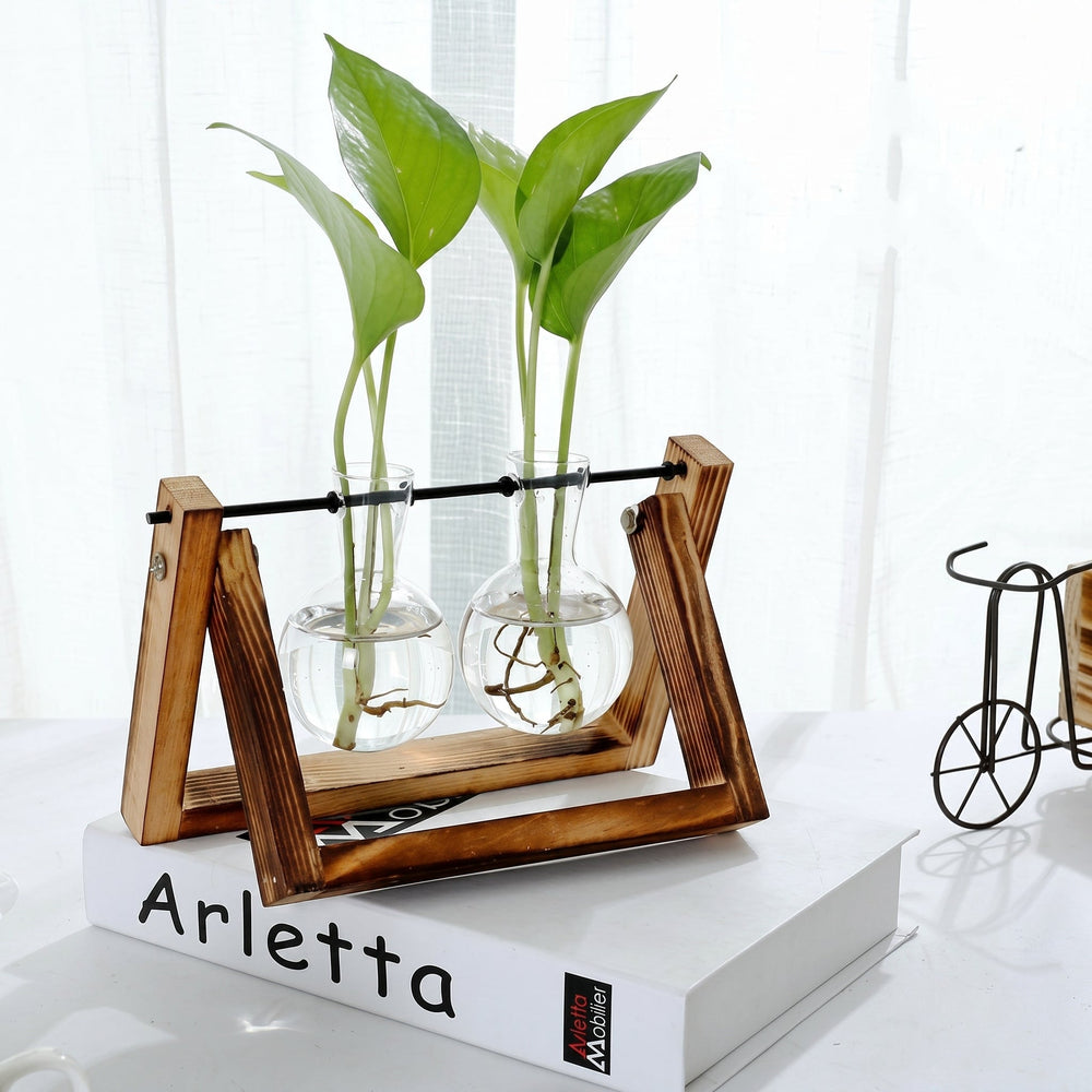 Hydroponic Glass Vase with Wooden Stand for Plants - Vases - Brown - Oaksoho