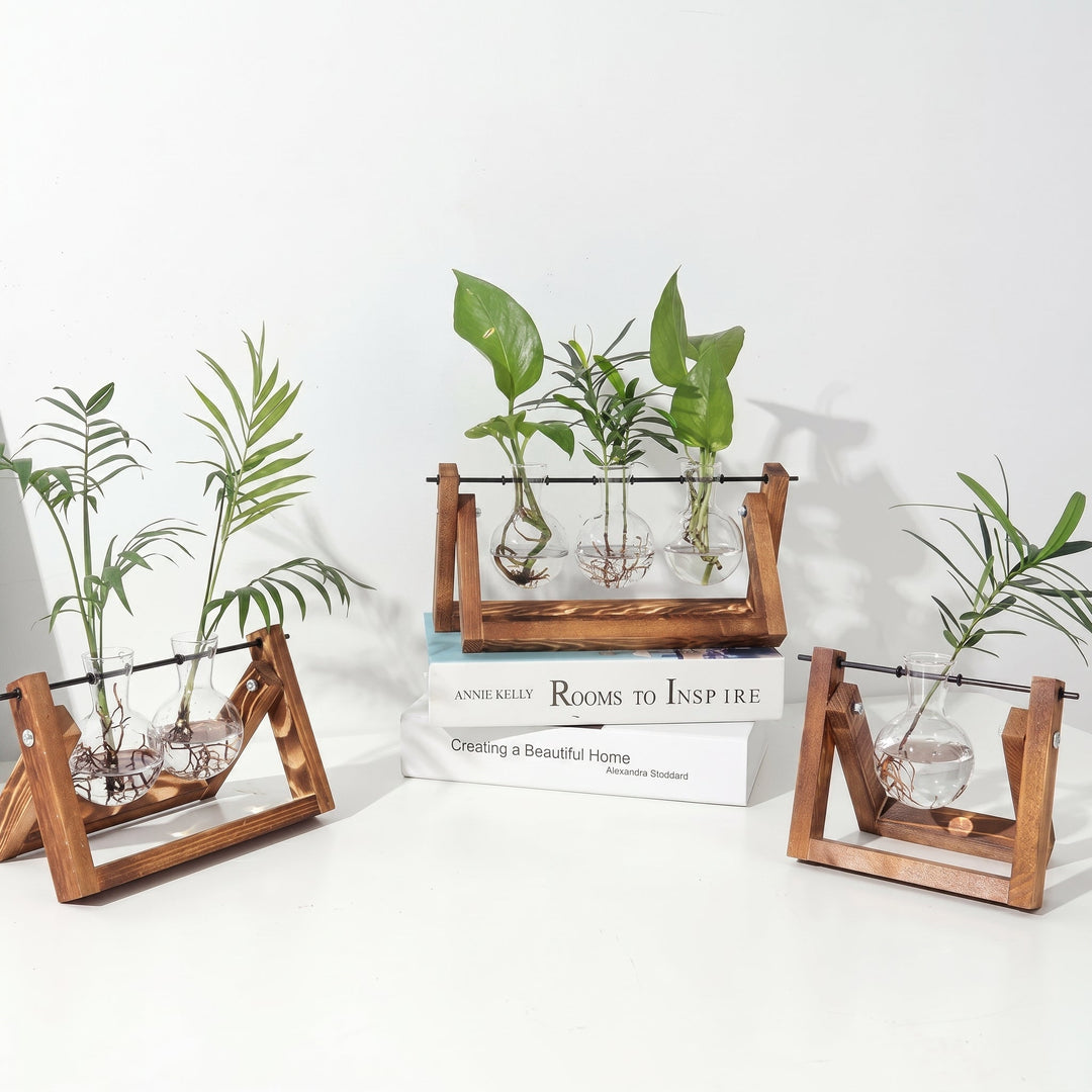 Hydroponic Glass Vase with Wooden Stand for Plants - Vases - Light Brown - Oaksoho
