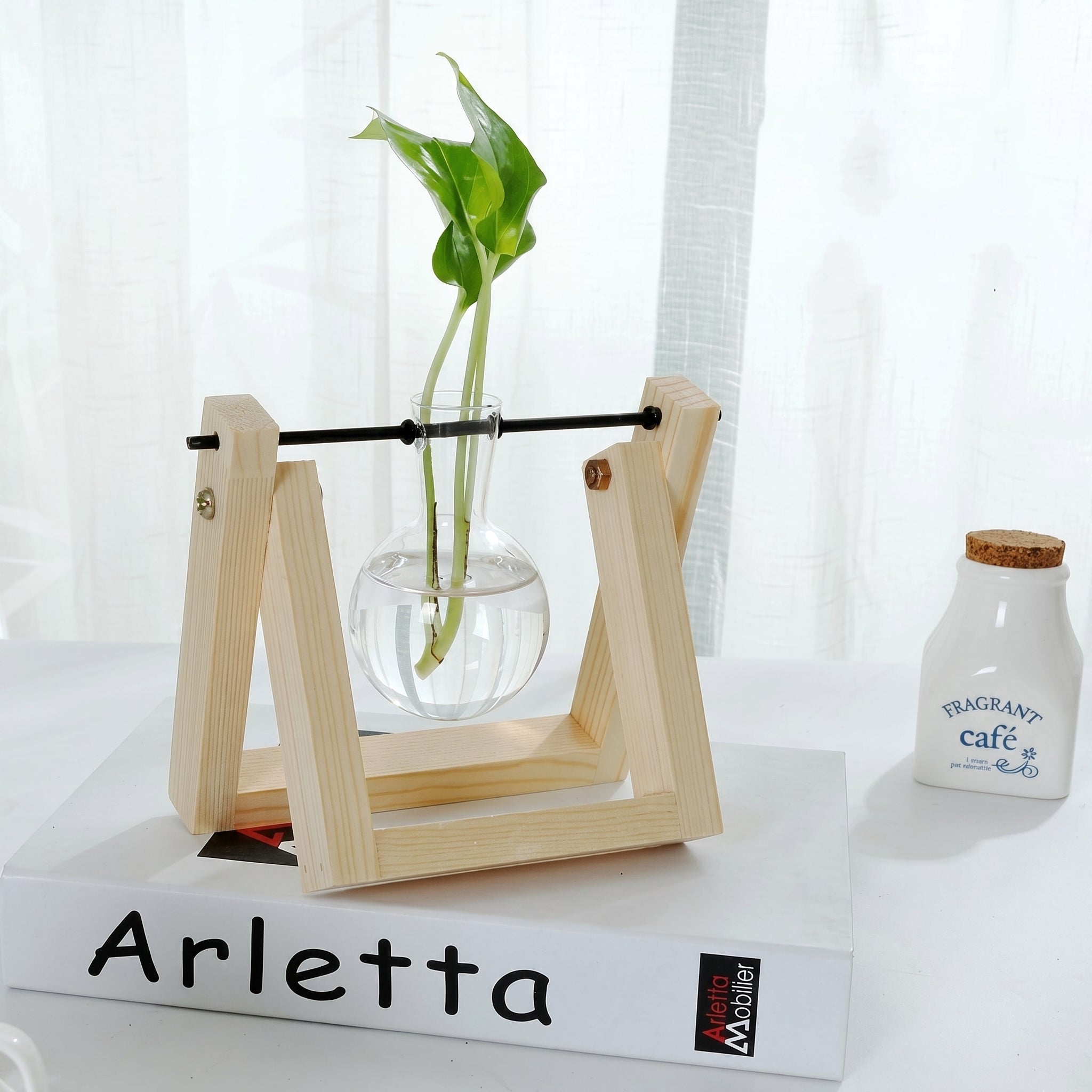 Hydroponic Glass Vase with Wooden Stand for Plants - Vases - Light Brown - Oaksoho