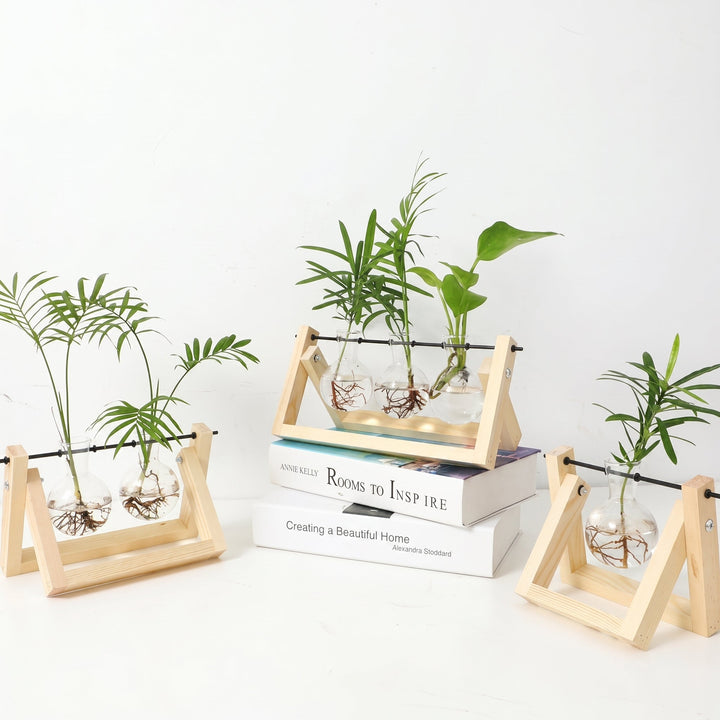 Hydroponic Glass Vase with Wooden Stand for Plants - Vases - Light Brown - Oaksoho