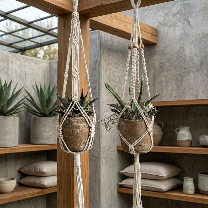 Macramé Plant Hanger Knotted with Twisted Cord Design - Plant Hanger - Beads - Oaksoho