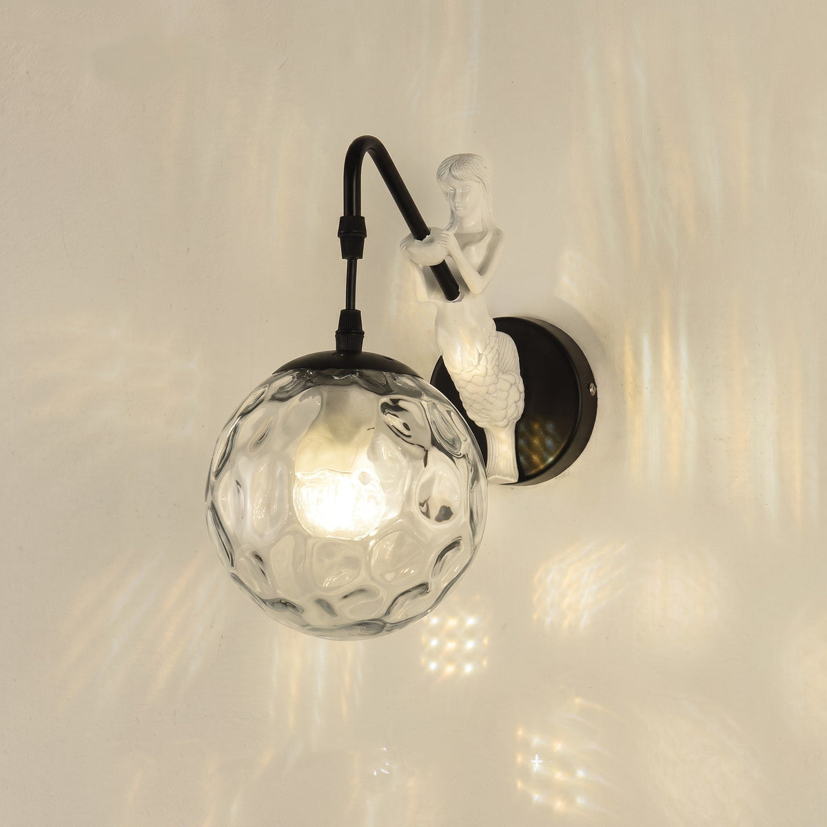 Mermaid Figurine Wall Lamp with Glass Globe Shade - Wall Light Fixtures - Black - Oaksoho