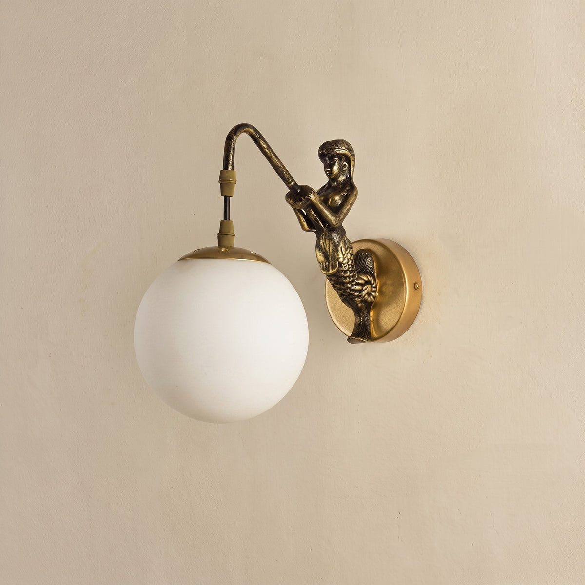 Mermaid Figurine Wall Lamp with Glass Globe Shade - Wall Light Fixtures - Gold - Oaksoho