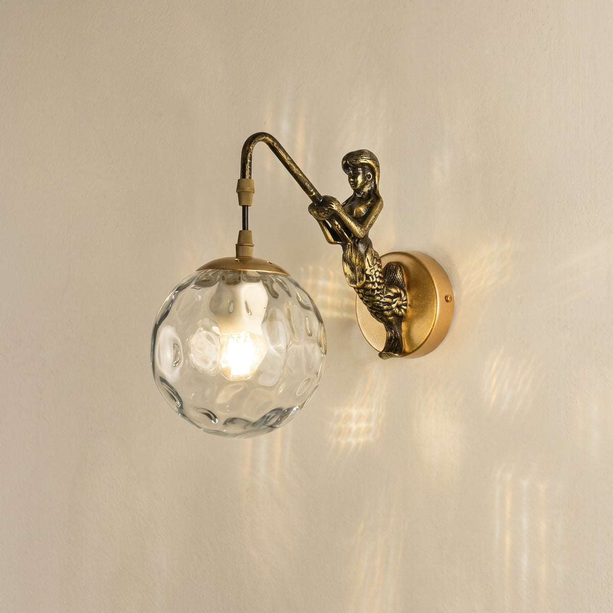 Mermaid Figurine Wall Lamp with Glass Globe Shade - Wall Light Fixtures - Gold - Oaksoho
