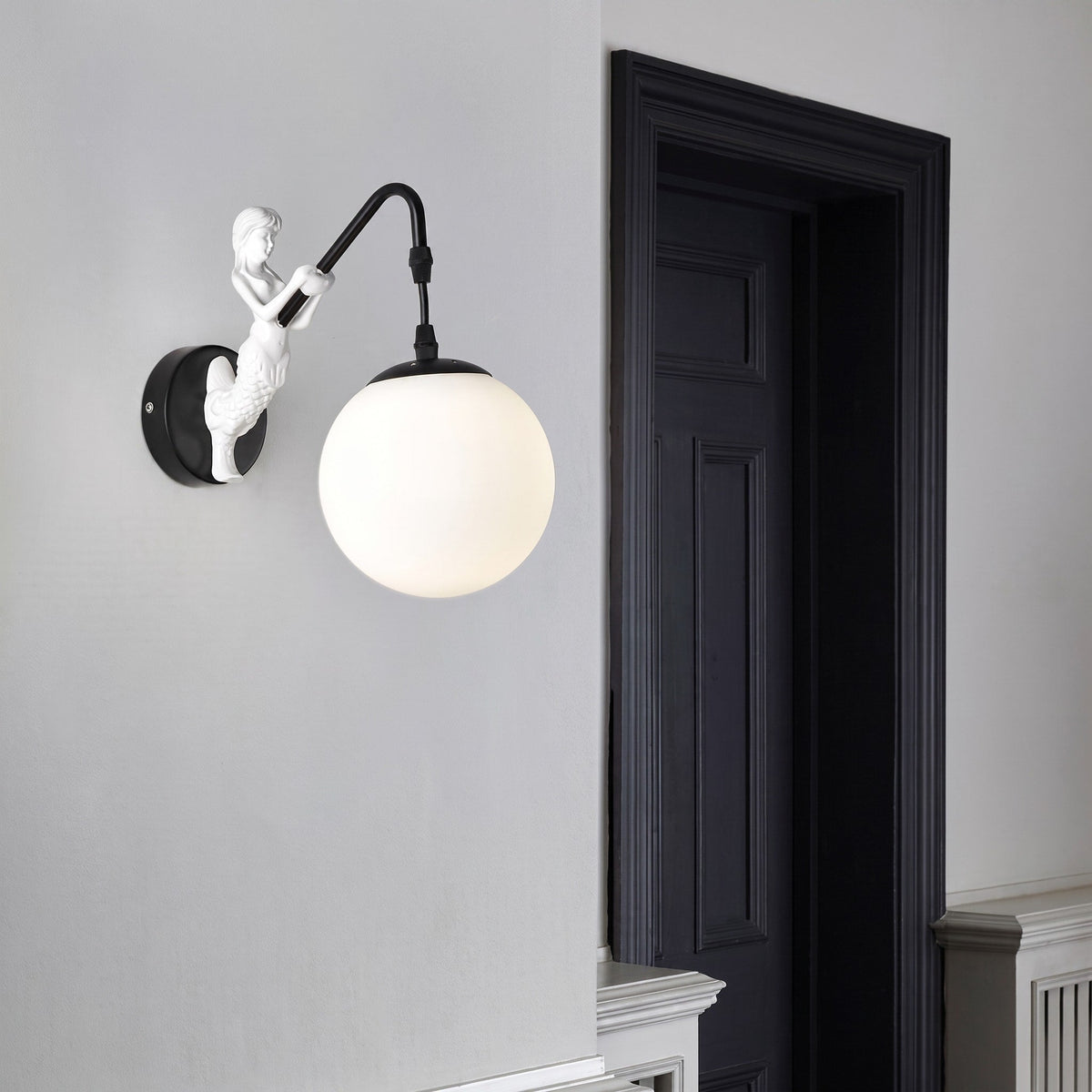 Mermaid Figurine Wall Lamp with Glass Globe Shade - Wall Light Fixtures - Black - Oaksoho