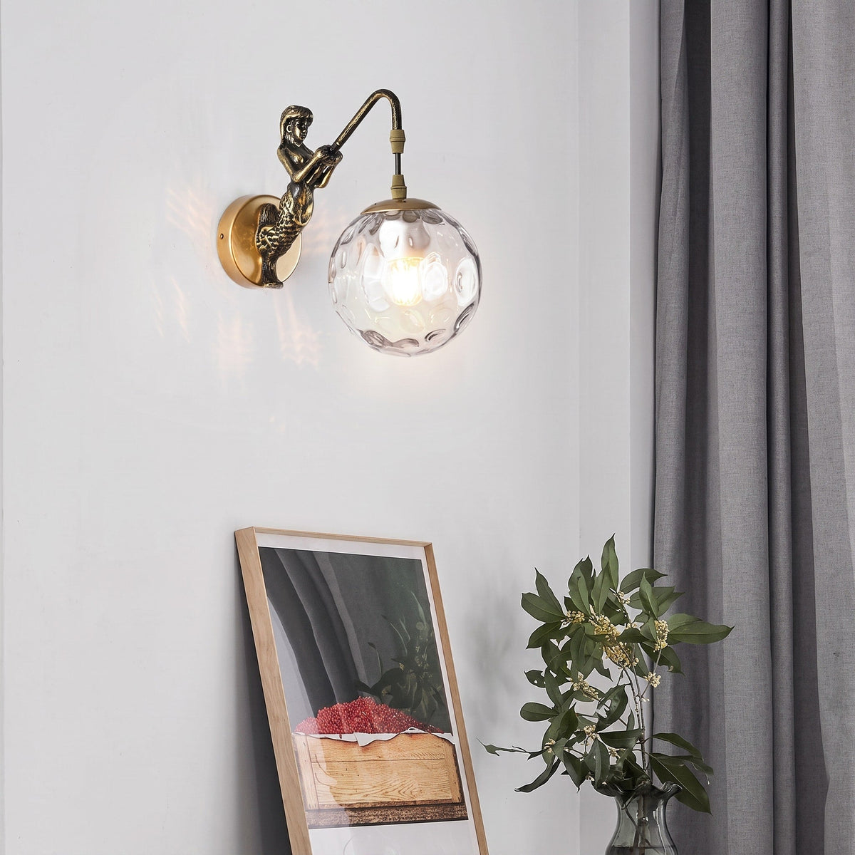 Mermaid Figurine Wall Lamp with Glass Globe Shade - Wall Light Fixtures - Gold - Oaksoho