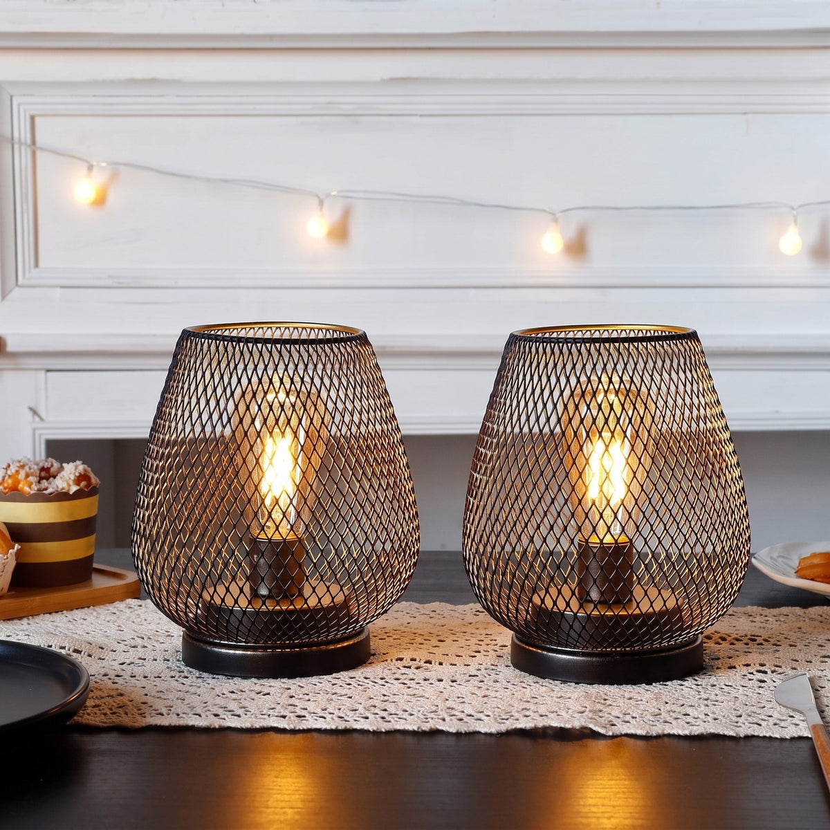 Mesh Cage Battery Table Lamp Vintage Wire Design - Table Lamps - Oaksoho