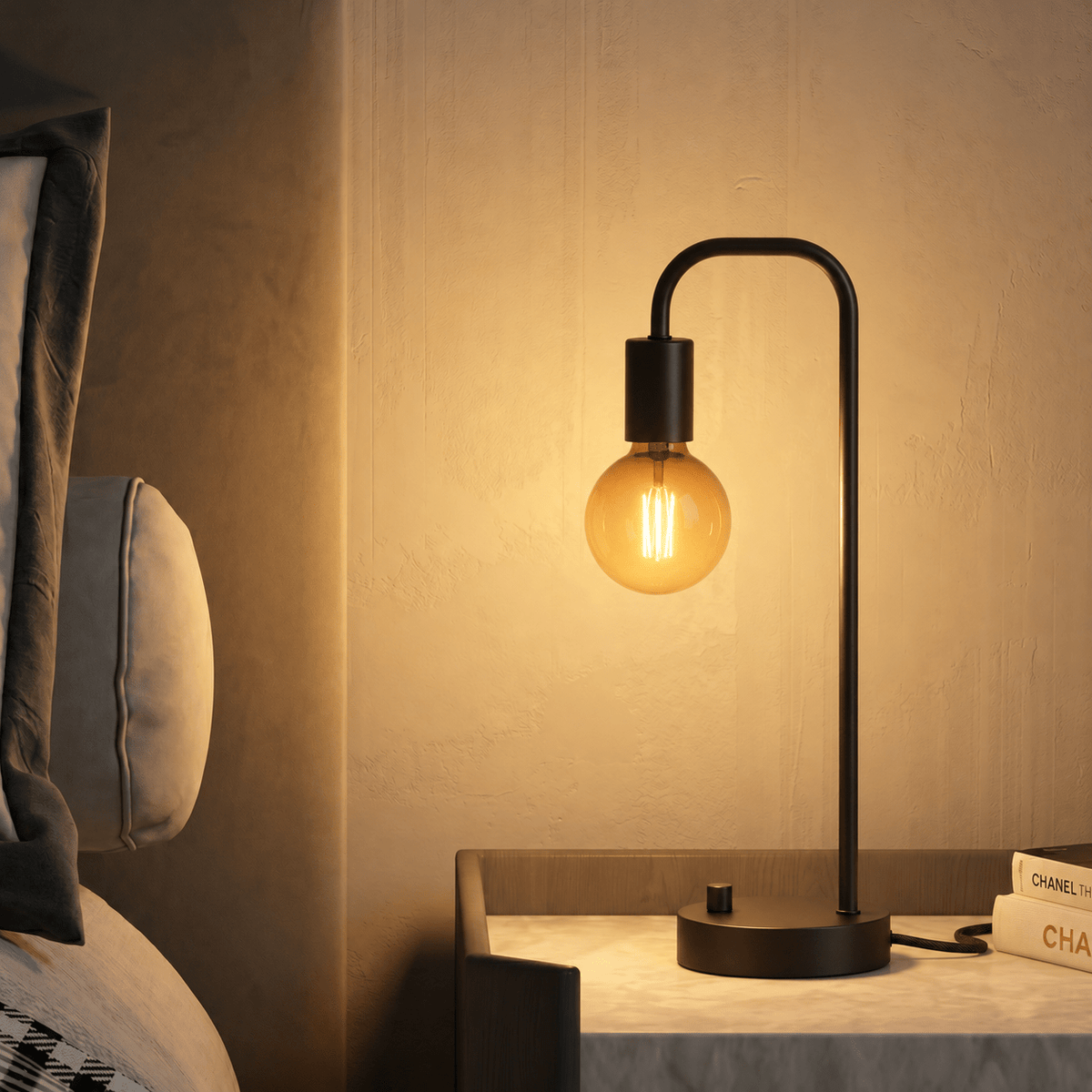 Minimalist Table Lamp with Curved Metal Arm - Table Lamps - Oak Soho