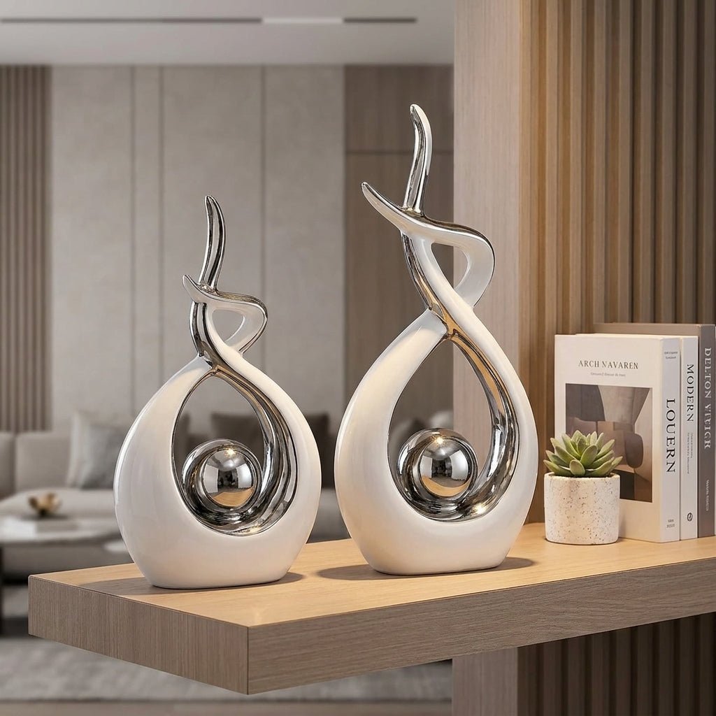 Modern Abstract Decoration with Twisted Design and Gold Accents - Figurines - Silver - Oaksoho