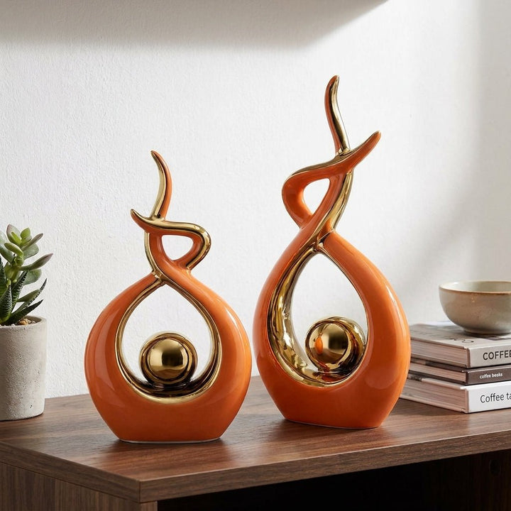 Modern Abstract Decoration with Twisted Design and Gold Accents - Figurines - Orange - Oaksoho