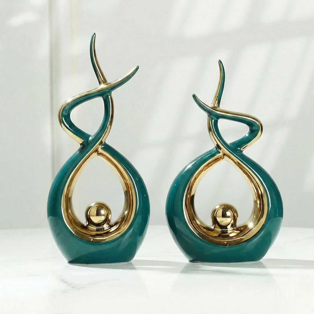 Modern Abstract Decoration with Twisted Design and Gold Accents - Figurines - Green - Oaksoho