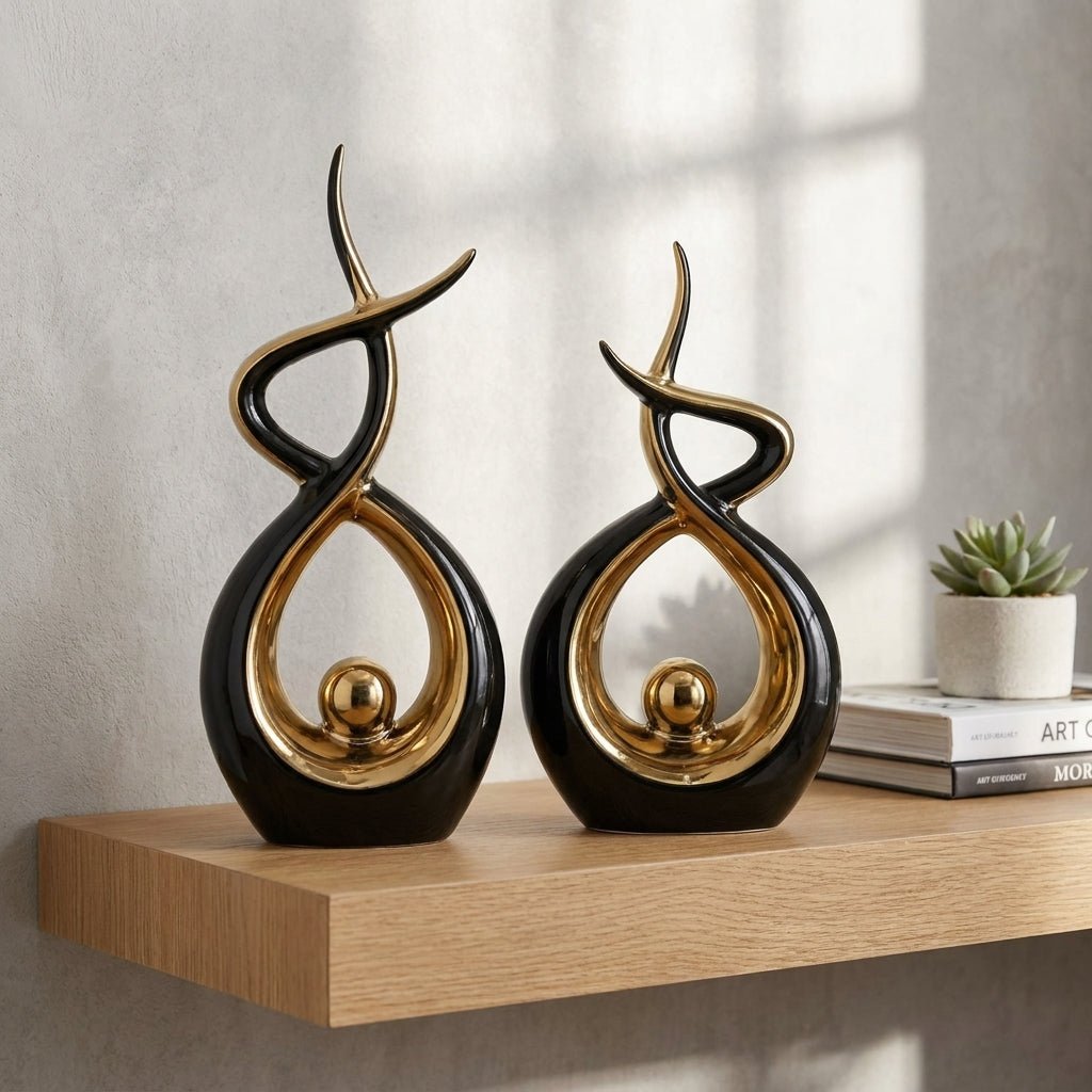 Modern Abstract Decoration with Twisted Design and Gold Accents - Figurines - Black - Oaksoho