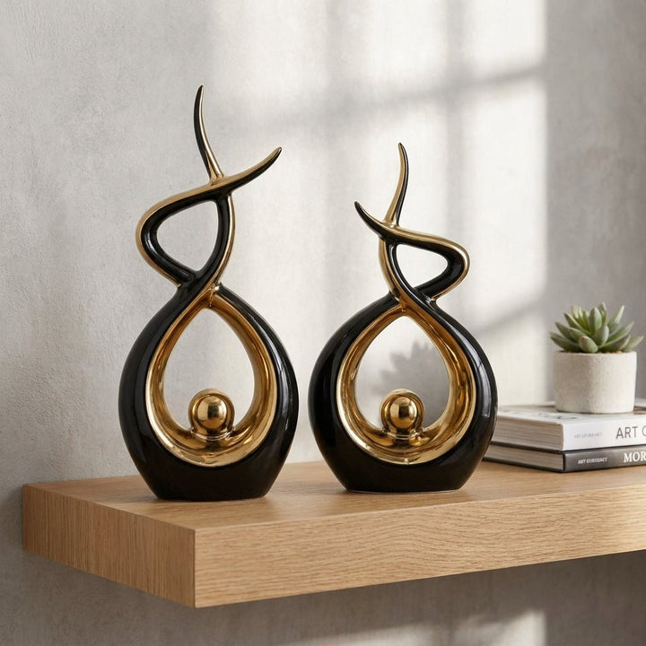 Modern Abstract Decoration with Twisted Design and Gold Accents - Figurines - Black - Oaksoho
