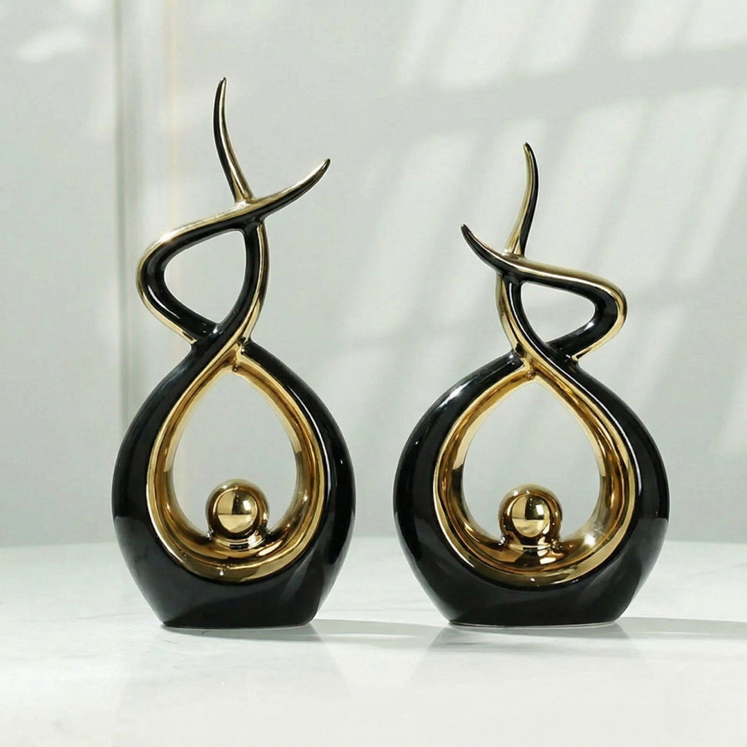 Modern Abstract Decoration with Twisted Design and Gold Accents - Figurines - Black - Oaksoho