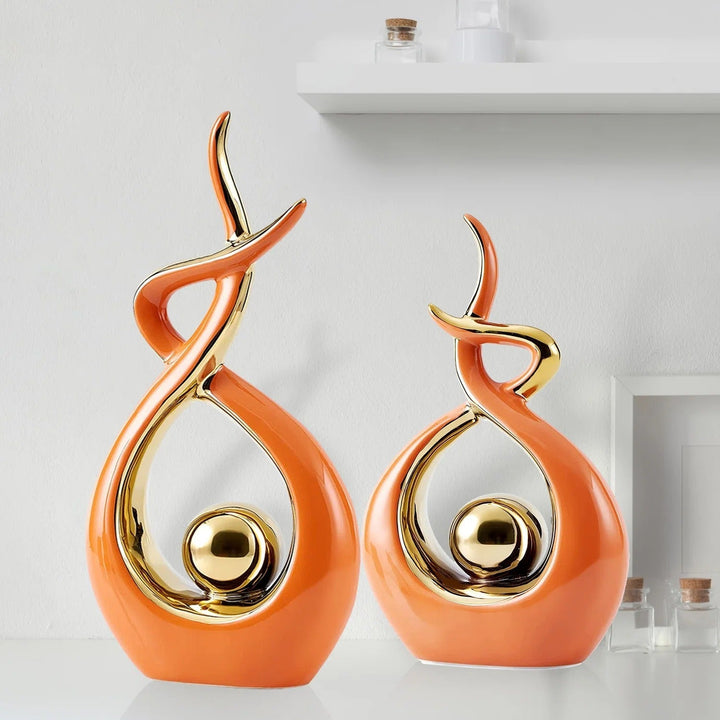 Modern Abstract Decoration with Twisted Design and Gold Accents - Figurines - Orange - Oaksoho