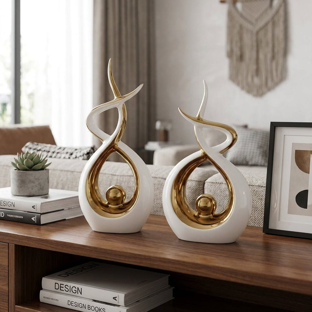 Modern Abstract Decoration with Twisted Design and Gold Accents - Figurines - White - Oaksoho