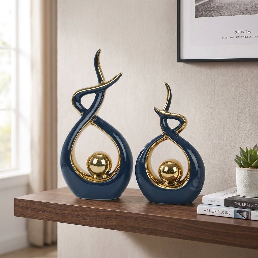 Modern Abstract Decoration with Twisted Design and Gold Accents - Figurines - Blue - Oaksoho
