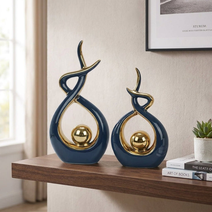 Modern Abstract Decoration with Twisted Design and Gold Accents - Figurines - Blue - Oaksoho