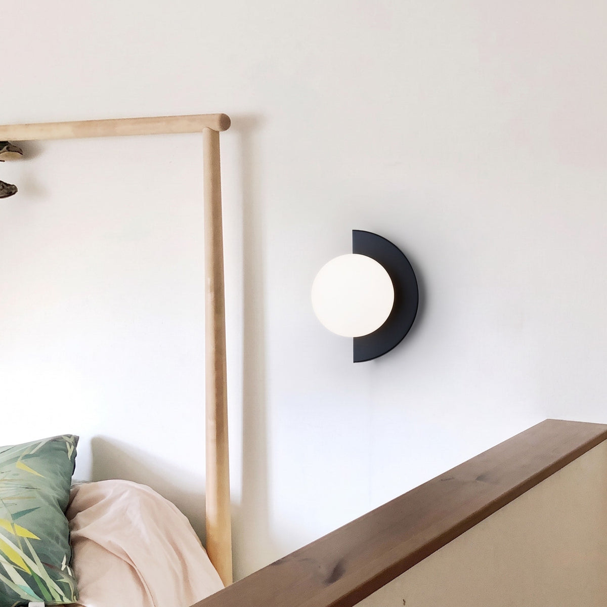 Modern Half Moon Wall Lamp with Sphere Glass Shade - Wall Light Fixtures - Black - Oak Soho