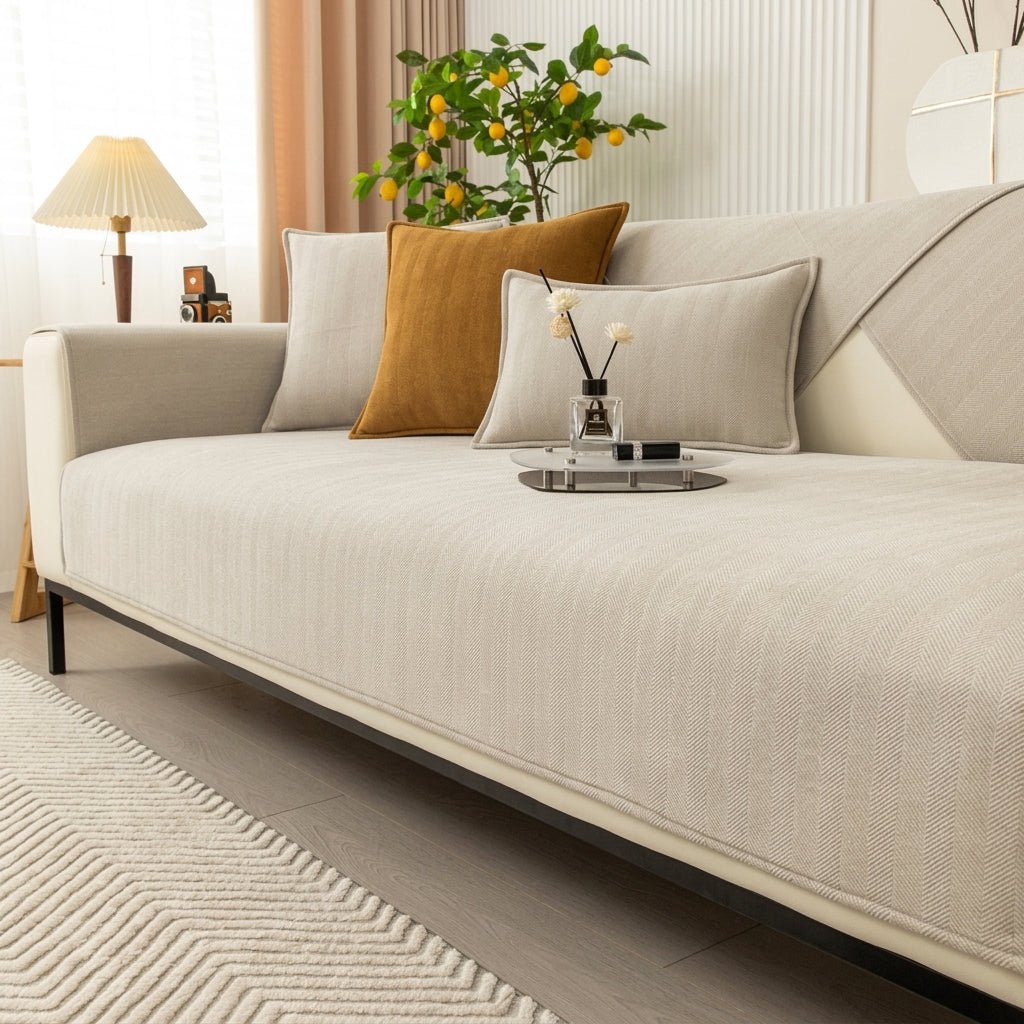 Modern Sofa Cover with Textured Herringbone Fabric - Sofa Cover - Beige - Oaksoho