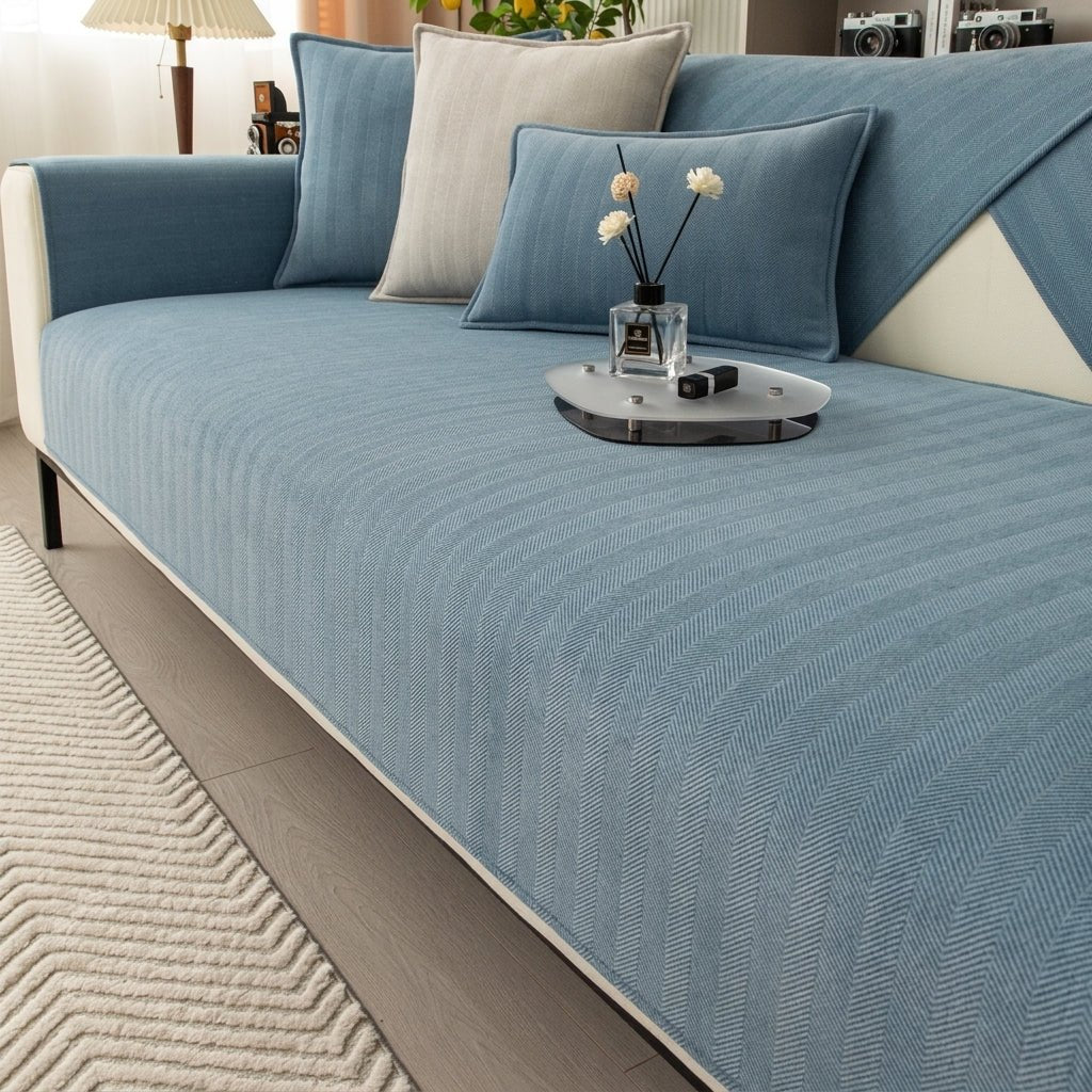 Modern Sofa Cover with Textured Herringbone Fabric - Sofa Cover - Blue - Oaksoho