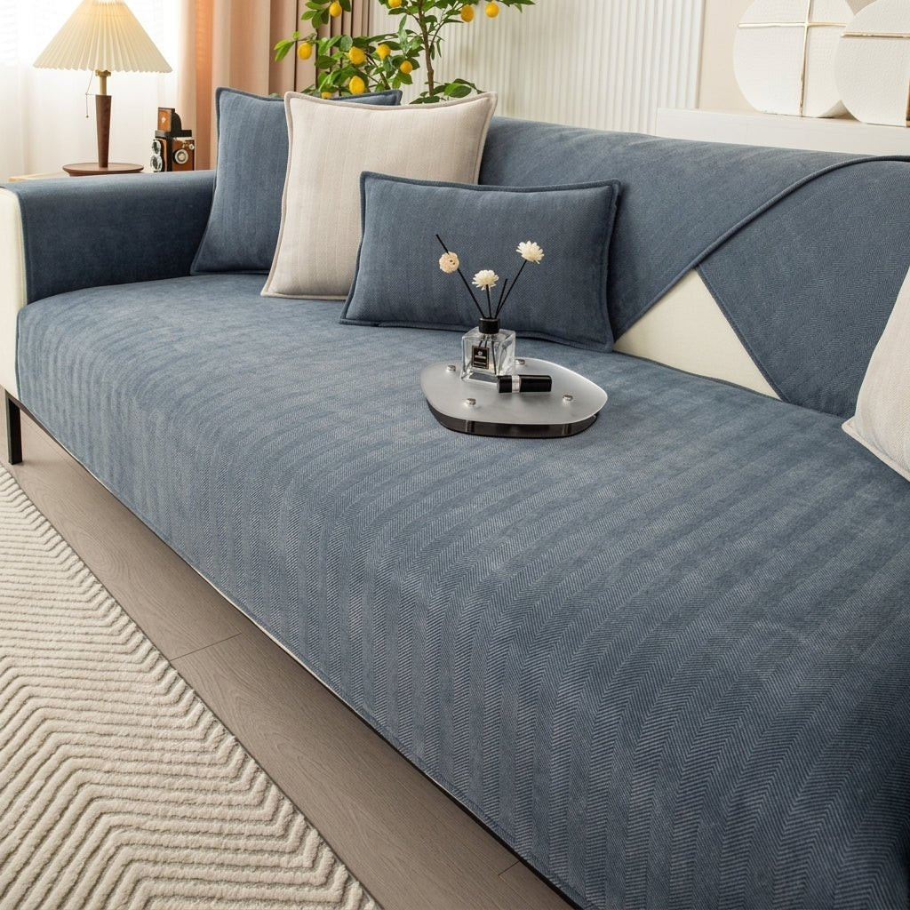 Modern Sofa Cover with Textured Herringbone Fabric - Sofa Cover - Dark Blue - Oaksoho