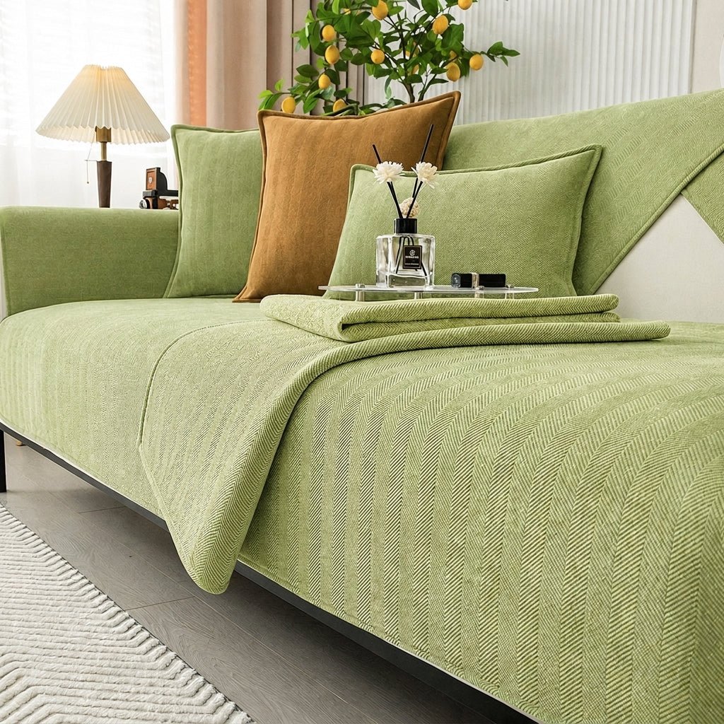 Modern Sofa Cover with Textured Herringbone Fabric - Sofa Cover - Green - Oaksoho