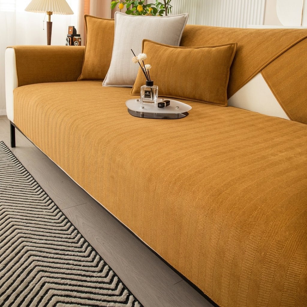 Modern Sofa Cover with Textured Herringbone Fabric - Sofa Cover - Orange - Oaksoho
