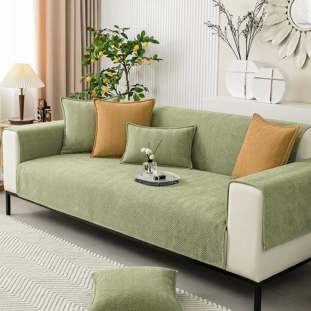Modern Sofa Cover with Textured Herringbone Fabric - Sofa Cover - Green - Oaksoho