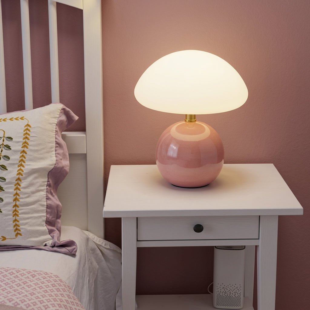 Mushroom Table Lamp with Dome Shade and Round Ball Base - Table Lamp - Pink - Oaksoho