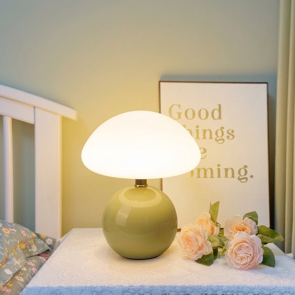 Mushroom Table Lamp with Dome Shade and Round Ball Base - Table Lamp - Beige - Oaksoho