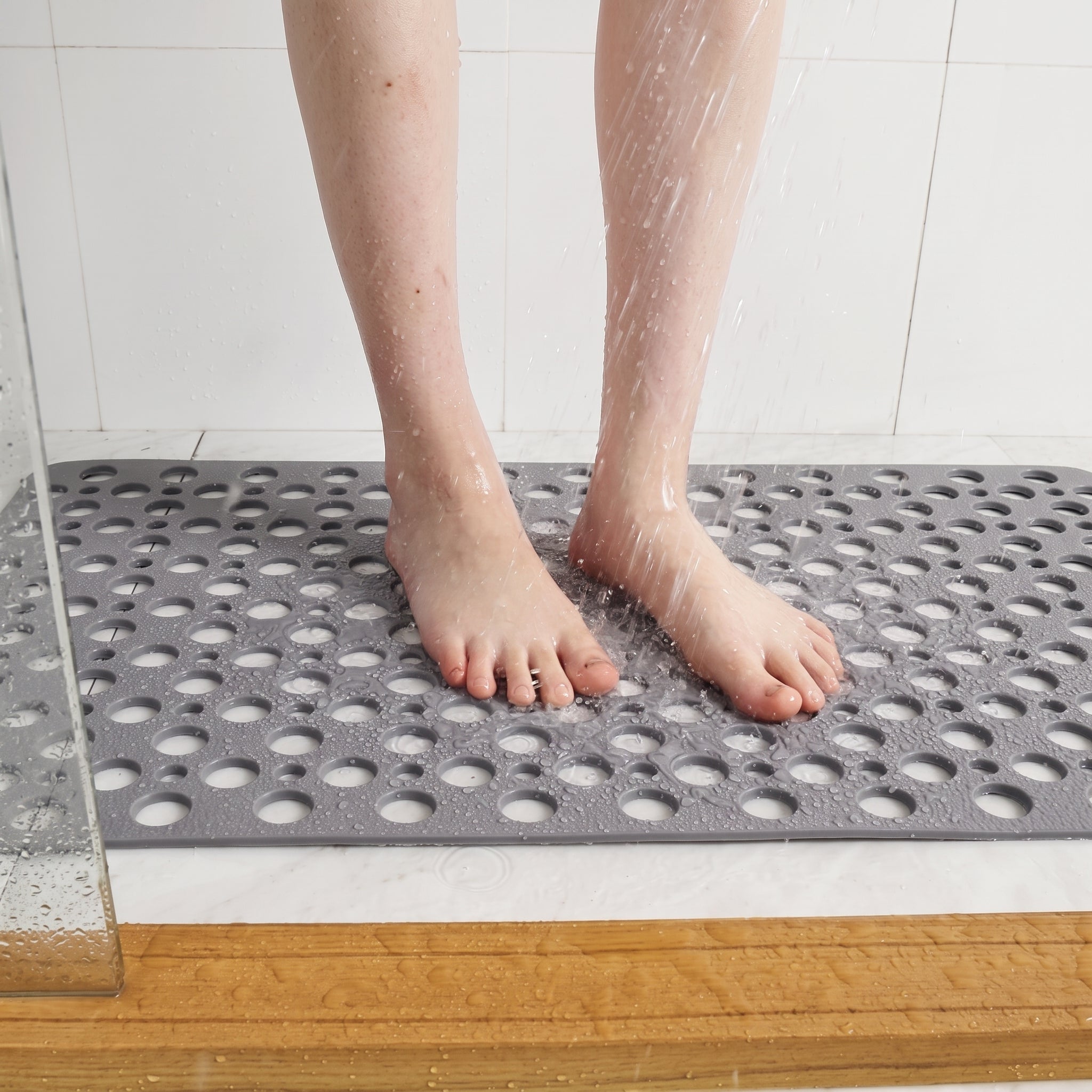 Non-Slip Hollow Drain Shower Perforated Bath Mat - Bath Mats & Rugs - Grey - Oaksoho