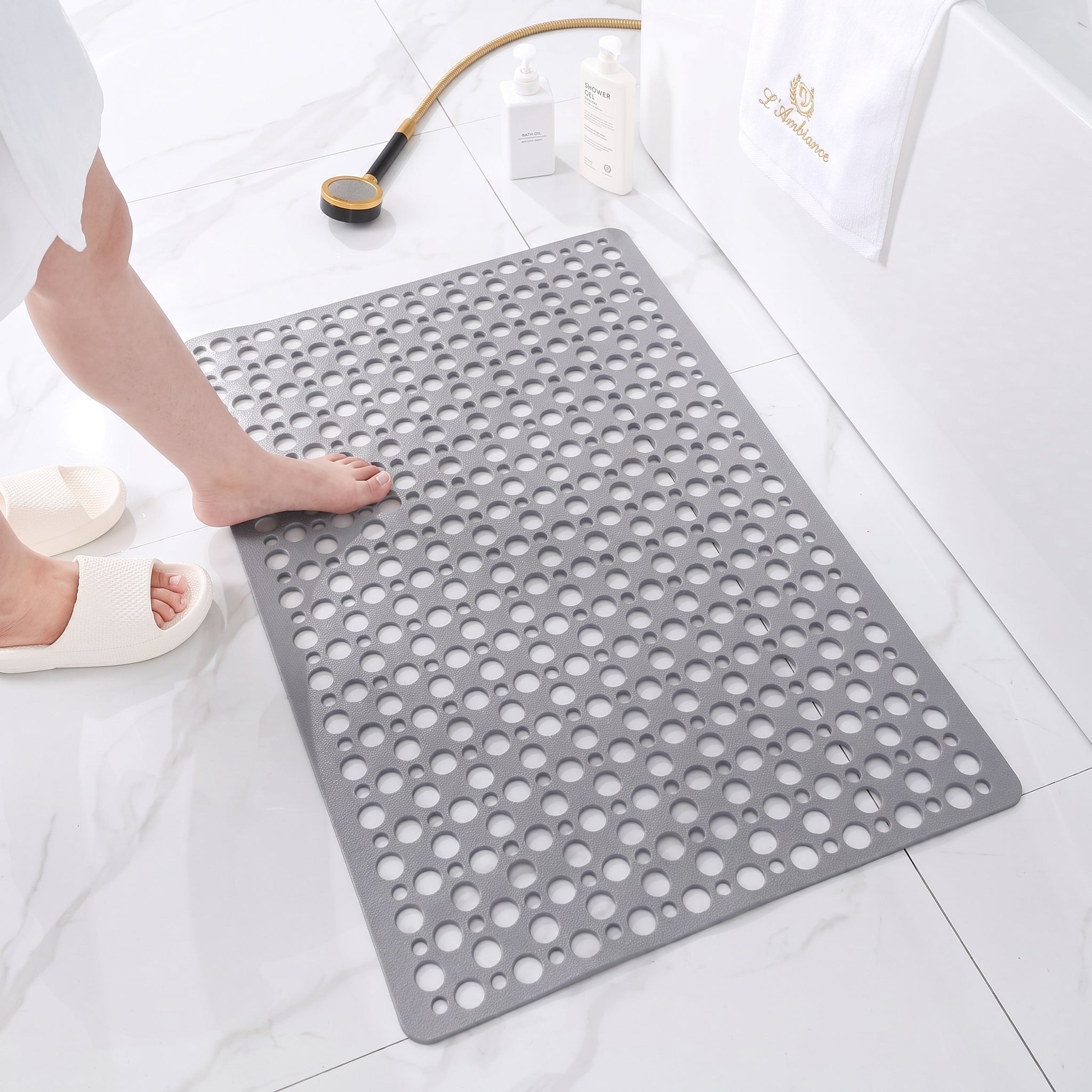 Non-Slip Hollow Drain Shower Perforated Bath Mat - Bath Mats & Rugs - Grey - Oaksoho
