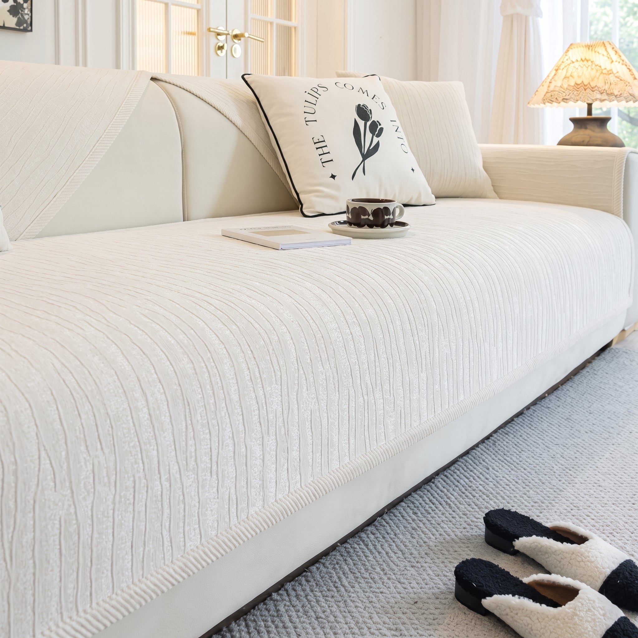 Non-Slip Textured Wave Sofa Cover with Contrast Trim - Sofa Cover - Cream - Oaksoho