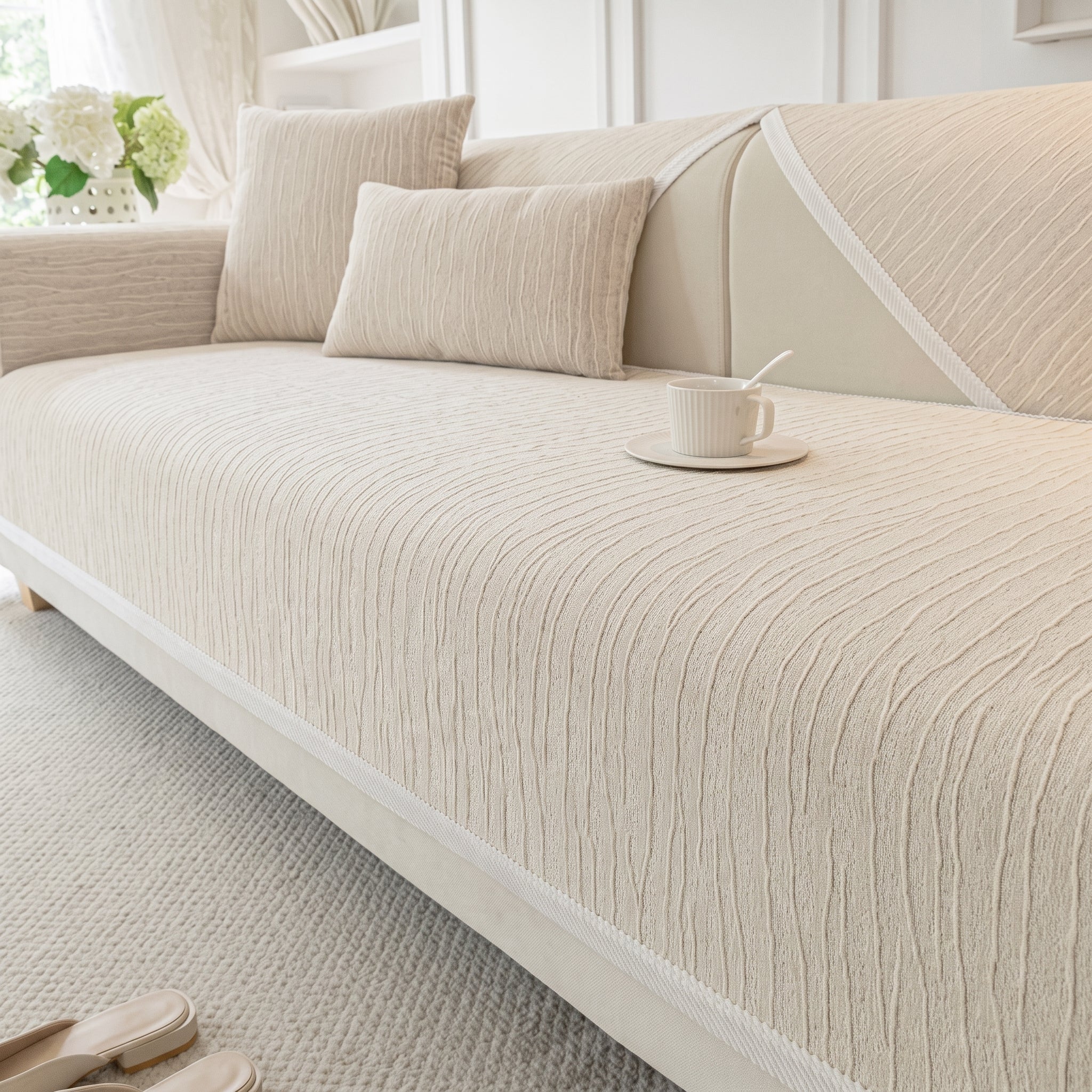 Non-Slip Textured Wave Sofa Cover with Contrast Trim - Sofa Cover - Cream - Oaksoho