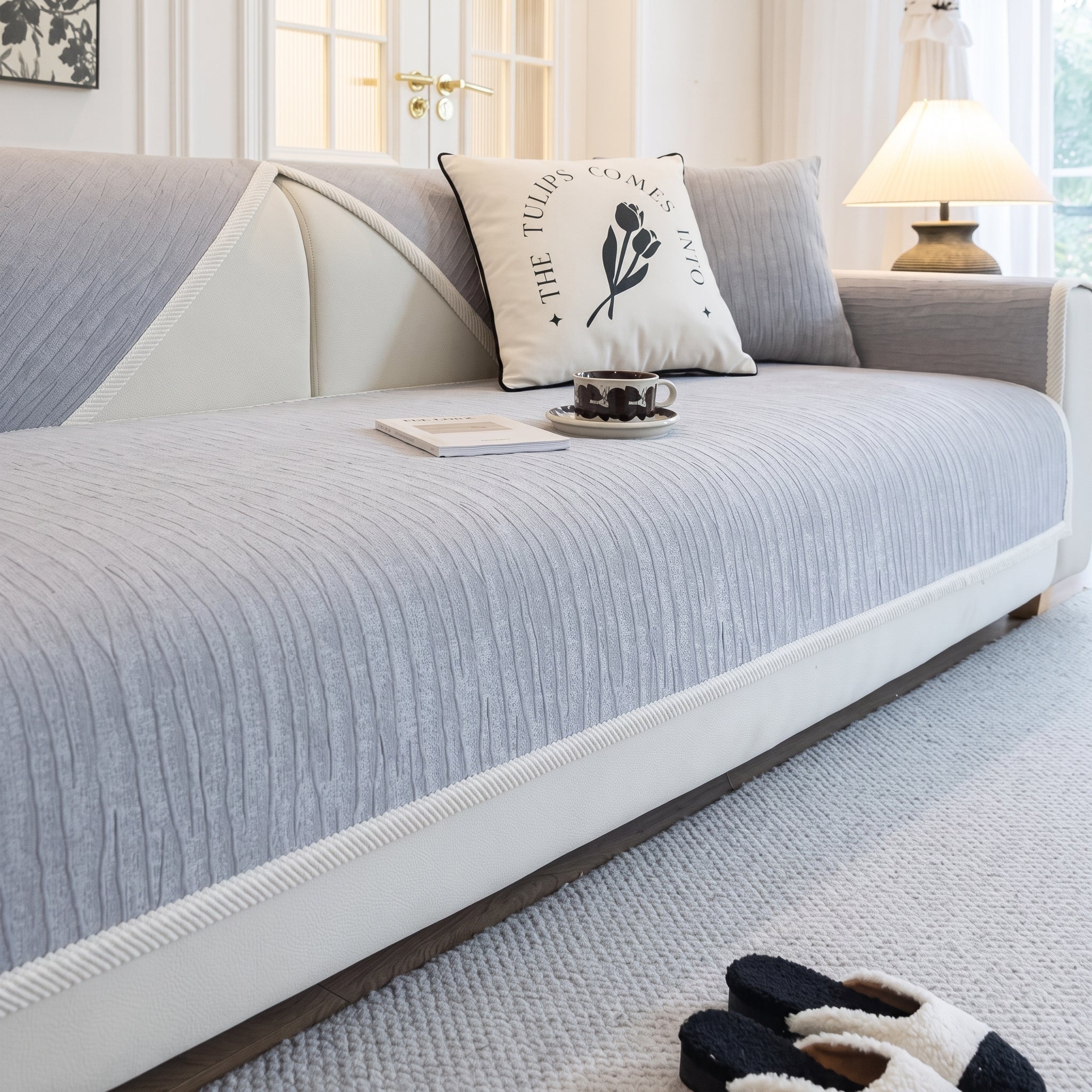 Non-Slip Textured Wave Sofa Cover with Contrast Trim - Sofa Cover - Cream - Oaksoho