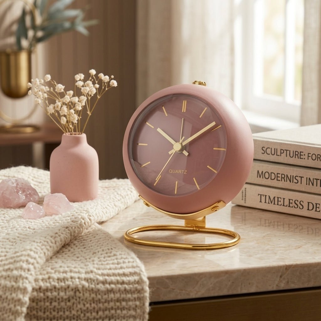 Nordic Minimalist Round Desk Clock with Gold Base - Desk Clock - Pink - Oaksoho