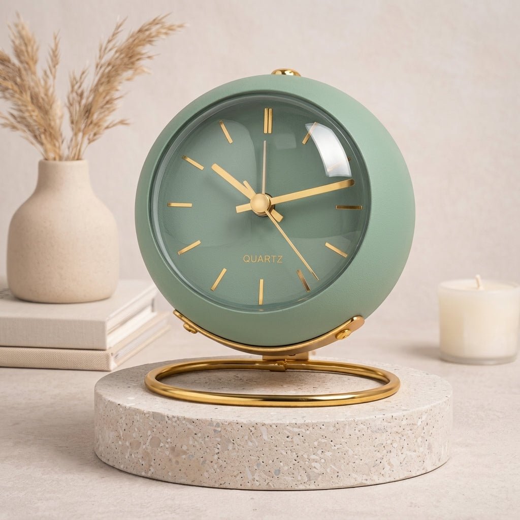 Nordic Minimalist Round Desk Clock with Gold Base - Desk Clock - Green - Oaksoho