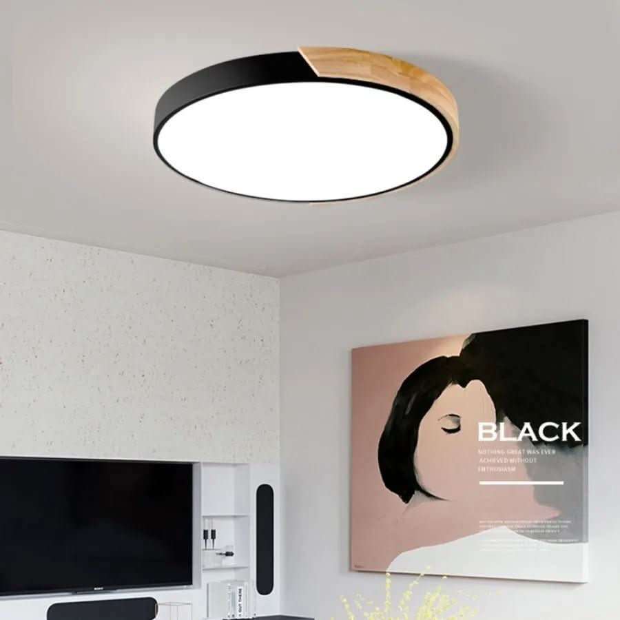 Nordic Round LED Ceiling Light with Natural Wood Accent - Ceiling Light Fixtures - Black - Oaksoho