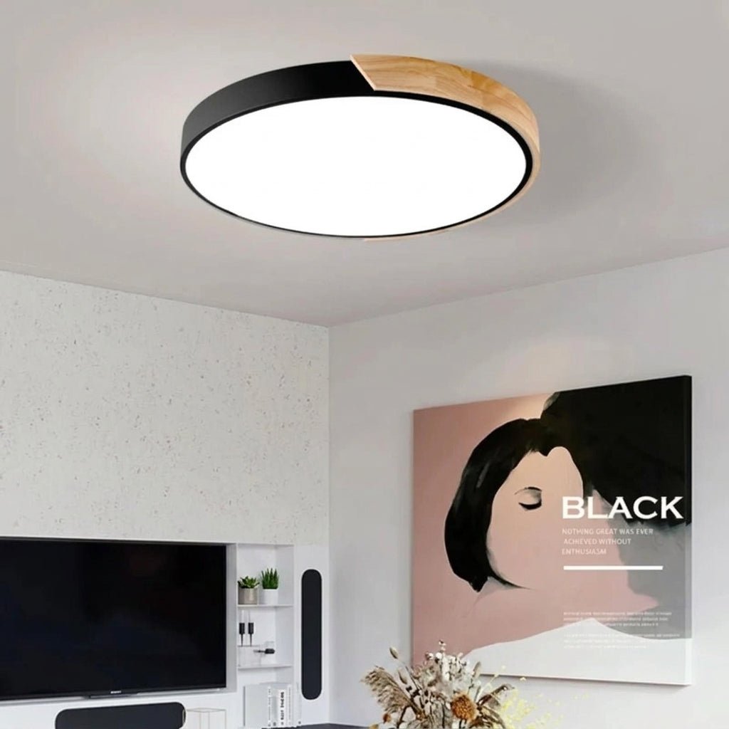 Nordic Round LED Ceiling Light with Natural Wood Accent - Ceiling Light Fixtures - Black - Oaksoho