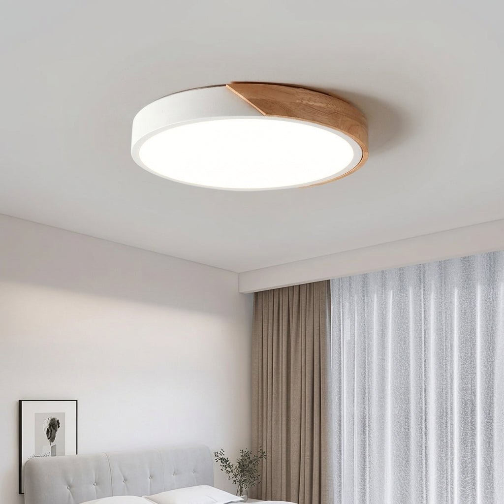 Nordic Round LED Ceiling Light with Natural Wood Accent - Ceiling Light Fixtures - White - Oaksoho