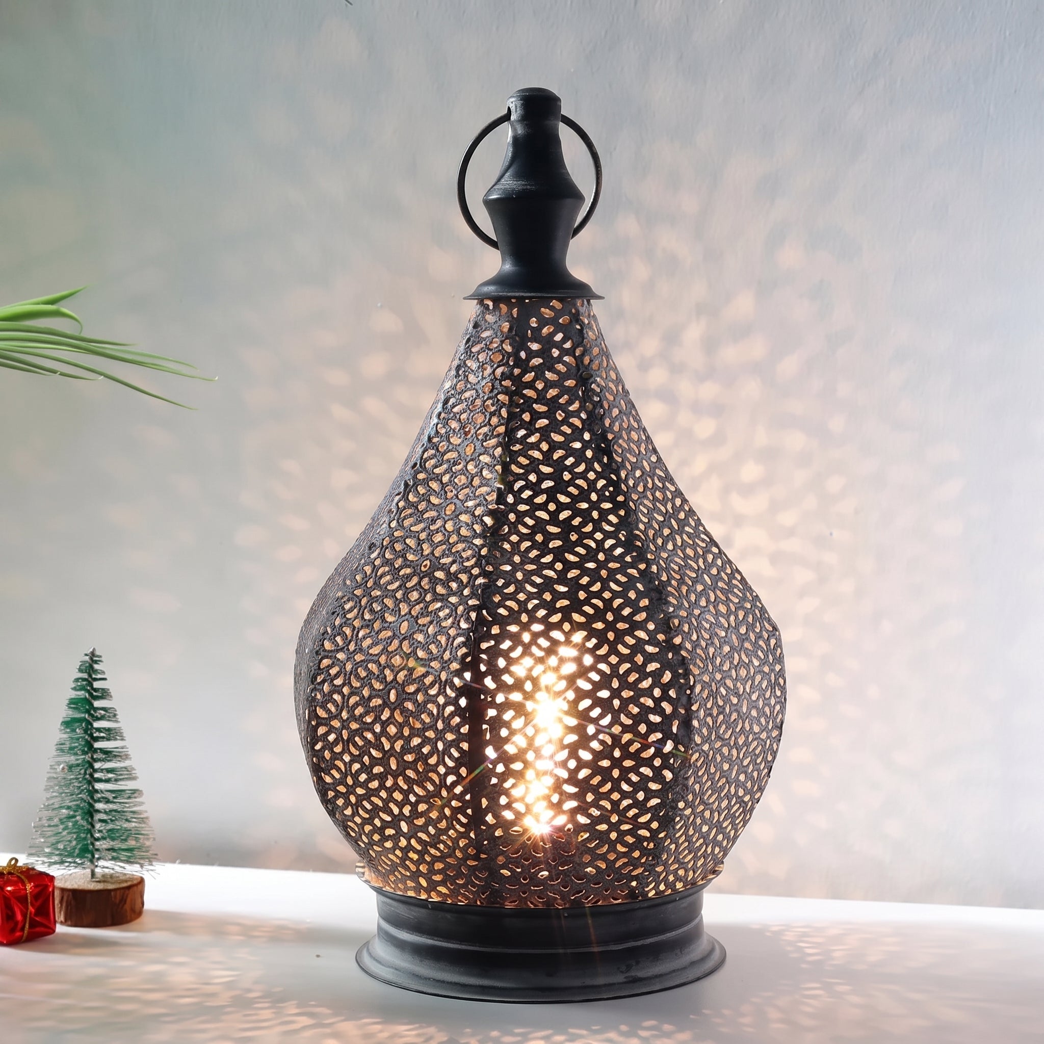Oriental Filigree Table Lantern with Perforated Metal Design - Decorative Lanterns - Oaksoho