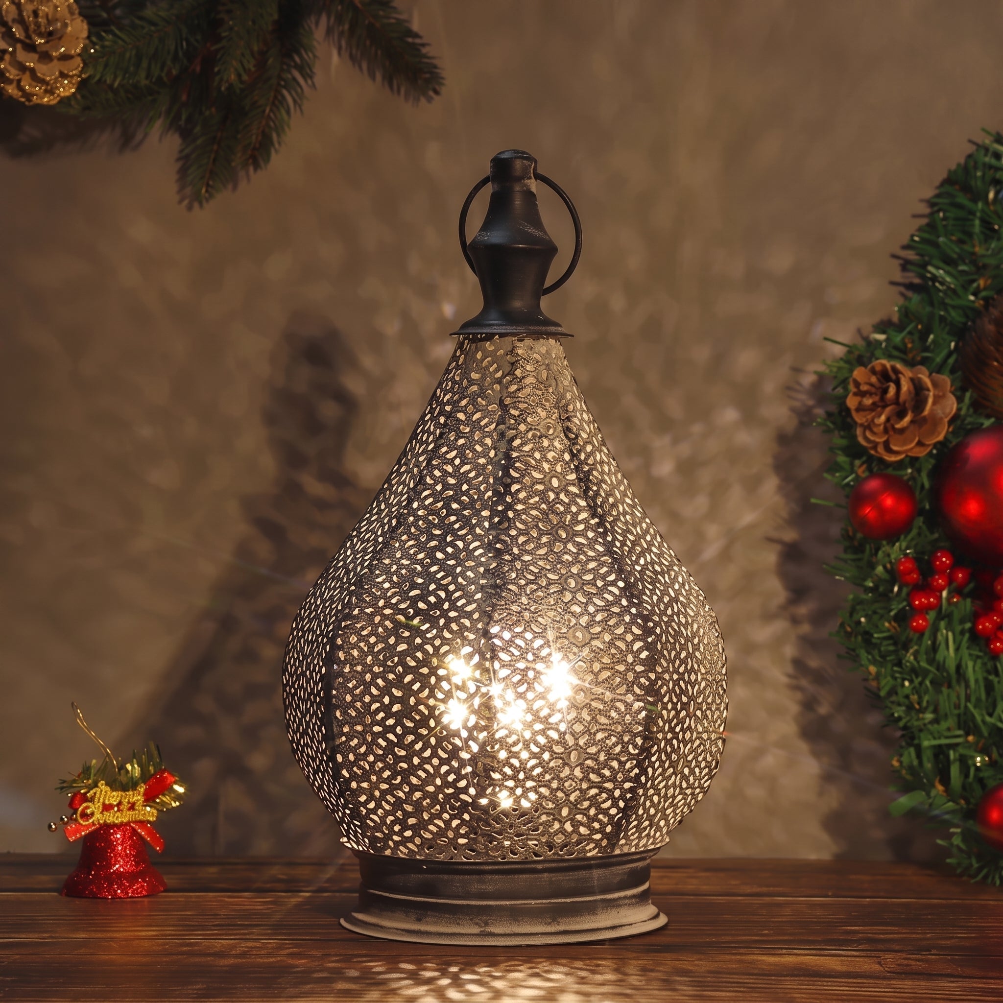 Oriental Filigree Table Lantern with Perforated Metal Design - Decorative Lanterns - Oaksoho
