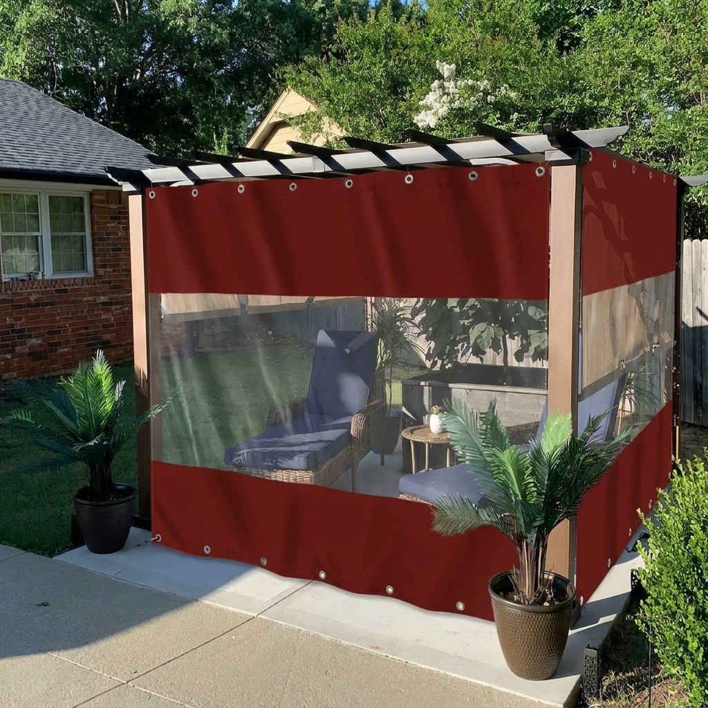 Outdoor Curtain with Transparent Window and Eyelets - Outdoor Curtain - Red - Oaksoho